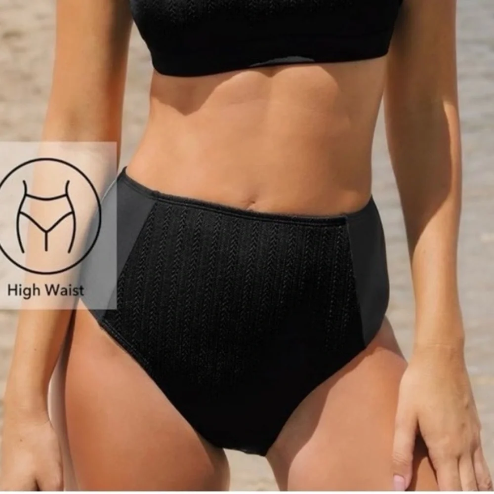 CUPSHE swim bottoms Black Texture High Waist Size Medium New
